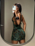 Pbong  Green Tie-Back Mini Dress with Cutout Detail and Ruched Skirt