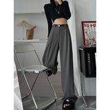 Fall Winter Elegant Gray Suits Pants for Women Office Lady High Waist Wide Leg Fashion Trousers with Pockets Black Pants