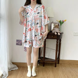 Pbong  Loose Floral Printing Pajama Set Summer New Women Night Wear Pj Set Half Sleeve Knee V-neck Sleepwear Femme Nightie
