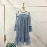 New Arrivals Summer Women Lace Dress Sequined Appliques A-line Mesh Patchwork Solid Dress Fairy Long Sleeves Knee-length Dress