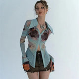 Vintage Printed Women Blouse Y2K Sexy Slim Long Sleeve Thin Tops Korean Streetwear Patchwork Chic Ladies Shirts New