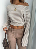 Pbong  Spring new asymmetrical loose casual shoulder striped long sleeved T-shirt top