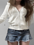 Letter Print Long Sleeve Hoodies Women American Retro Causal Zip Up Hooded Autumn Winter New Trendy Coat