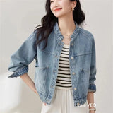 New 2025 Spring Autumn Temperament Retro Women’s Short Cowboy Jacket Stand-up Collar Long-sleeved Ladies Denim Overcoat