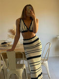 Knitwear 2 Piece-Set Striped Maxi Skirt Female Bustier Bandage And High Waist Long Skirt Sets Fashion Summer Women Outfits