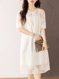 Pbong  Elegant White Lantern Sleeve Dress Women's Summer New Style Embroidery Heavy Work Long Dress Luxury Feel Straight Cut Skirt