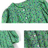 Pbong  Summer New Women's Short Sleeved Retro Printed Long Skirt Women's Casual Floral Skirt Women's Loose Green Dress