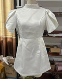 Pbong  Elegant White Bow Mini Skirt With Half-High Neck And Three-Dimensional Bow Back Hollow Short Dress Summer Party Women's Dress