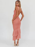 Mesh Backless Ruffle Sexy Maxi Dress Women Gown Two Layer Fabric Fashion Sleeveless Ruched Bodycon Club Long Dress