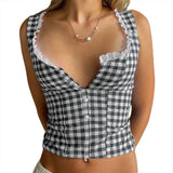 Women's Retro Plaid Tank Tops Sleeveless Button Down Lace Trim Cropped Tops Backless Bandage Casual Summer Vest Shirts New