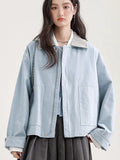 Blue Cargo Jacket Women Sweet Preppy Style Long Sleeve Retro Coat Casual Patchwork Turn Down Collar Korean Fall Outwear Top