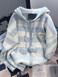 Cartoon Striped Hooded Cardigan Women Loose Cute Long Sleeve Sweet Knitted Sweater Preppy Style Female Kawaii Vintage Tops