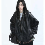 Retro Ladies Fashion Zipper Faux Leather Jacket Spring Autumn Women Long Sleeves Leather Coat 2025 Female PU Leather Outwear