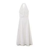 Hollow Out Embroidery Long Dress 2025 New Summer Sleeveless Halter Neck Vacation Beach Women Dress Fashion Backless White Dress