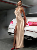 Deep V neck Ribbon Slit Dress For Women Sexy Halter Backless Evening Party Maxi Dress High Street Slim Elegant Summer New