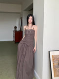 Ruched Backless Halter Maxi Dress For Woman Summer 2025 Tunic Ball Gown Strapless Long Dress Elegant Party Clothes