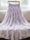 Purple Floral Chiffon Long Skirt Women High Waist Sweet Vintage Elegant Skirts Korean Casual Summer Soft Retro Long Skirts