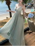 Women Elegant V-Neck Solid Evening Dress Fashion Pleated A-Line Backless Long Party Dress Korean Asymmetrical Vestidos Mujer