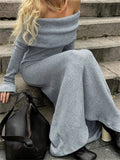 Shoulder Knit Long Dress Women High Waist Slim Elegant Fashion Pleated Maxi Dress Long Sleeve Backless Knitwear Dress