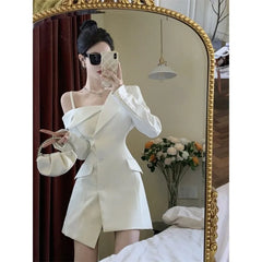 Chic Korean Fashion Dress Women Elegant Temperament Off Shoulder Dresses Spring 2023 Irregular Slim Button Up Blazer Dress