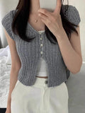 Pbong  Korean  Cropped Cardigan Women Clothing Short Sleeve V-neck Solid Top Fashion Single Breasted Split Knitting Sweater