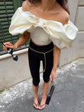Pbong  Satin Off-Shoulder Top with Oversized Bow Detail Slim Fit Short Sleeve Summer Women Party Top Elegant Retro Lady Blouse