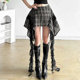 Vintage Fashion Women's Irregular Plaid Ribbon Design Skirts Summer Trendy High Waist A-line Mini Skirt Female