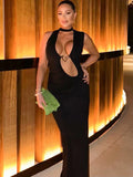 Hollow Out Halter Sexy Maxi Dress Women Summer New Metal Decoration Sleeveless Slim High Waist Long Dress Elegant
