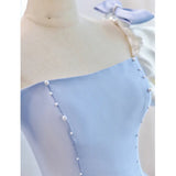 Pbong  Blue Square Collar Evening Dress Simple Long Slim Waist Party Dresses Bow Puff Sleeve Pleated Princess Prom Dresses Customized