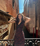 French Retro Floral Print Dress Sweet Chic Lace V-neck Slim Long Dress Short Sleeve Tight Women Dress Vacation Female Clothing