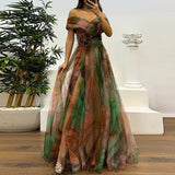 Casual Pleats Women's Long Dresses New Summer Mesh Printed Lady Evening Dress Fashion Strapless Slim Fit Split Party Dress