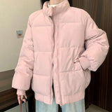 Preppy Style Sweet Pink Parkas Women Vintage Long Sleeve Winter Thick Warm Cotton Jacket Casual Stand Collar Loose Outwear