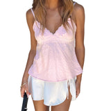 Women's LaceTop Pink Sleeveless Strapless Camisole Y2k Top Fairy Grunge V-neck Tank Top T-shirt 2000s Clothing Summer Streetwear