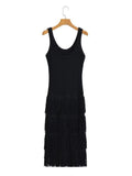 Women Solid Tassel Knitted Dresses Summer Female O-Neck Sleeveless Sheath Strap Dresses Two Colors