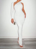 Pbong  White One-Shoulder Bodycon Dress with Asymmetrical Hem and Open Back for Evening Events