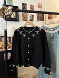 Cute Contrast Bow Sweater Cardigan Women's Autumn Winter Long Sleeve Single Breasted Knit Jacket Tops Korean Sweet Outfit