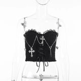 Emo Gothic Cross Chain Crop Tube Top Women's Sexy Harajuku Ruched Lace Trim Strapless E Girl Hippie Party Grunge Tops