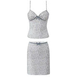Leopard Print Bow Sexy Crop Top And Short Skirt Fashion Summer Outfits 2025 New Velvet Pathwork Camisole +skirt Two Piece Set