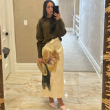 Fashion Flower Print Elegant Chic Women Skirt Zipper Straight Slit Summer Skirt Lady 2025 New Beige Fashion Woman Clothing