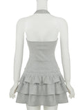 Frill Mini Dress For Women Plunge Halter Neck Cake Dress Fashion Summer Slim Casual Club Party Dress Hit Girl Summer New