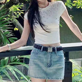 Pbong  American diamond-encrusted short-sleeved T-shirt women's spring and summer new fashion shoulder round neck Joker short top