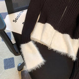 Y2K Zipper Front Rib Knit Top for Women Contrast Fuzzy Collared Zip-Up Sweater Crop Cardigan Autumn Winter Teen-girl 90s Outfit