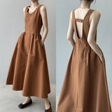 Fashion Sleeveless Long Dress Cotton Blend Solid Color Casual Summer New Dress A-line Backless Vacation Beach Dresses For Women