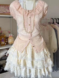 Japanese Lolita Kawaii 2000s 2 Piece Skirt Sets Sweet Lace Short Sleeve Blouse + Slim Cake Mini Skirt Y2k Harajuku Vintage Suits