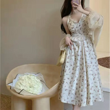 Pbong  Summer New Gentle Wind Fragmented Flower V-Neck Sling Dress Set Waist Wrap Neck Hanging Long Dress Thin Sun Protection Cardigan
