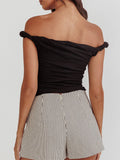 Women Off Shoulder Top Sleeveless Twist Strap Tank Tops Slim Fit Stretch Ruched Crop Top Casual Slim Fit Shirts Streetwear