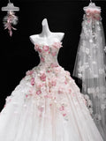 Pbong  White Floral Bustier Wedding Dress Exquisite Embroidery Heavy Embellishment Long Train High Waist Gown for Bride