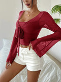 Pbong  T-Shirt For Spring  Fall Women's Clothing Solid Color V-neck Ruched T-Shirt Elegant Flare Sleeve Tie Front