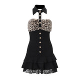 Lunivop  Elegant Party Dress Woman Evening Off Shoulder Dresses Sleeveless Dress Backless Mini Dress Leopard Print Black Halter Neck