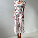 Pbong  Floral Print Long Dress For Women Puff Sleeve Hollow Out Lace Patchwork High Waist Dress Lady Sexy Elegant Holiday Dress
